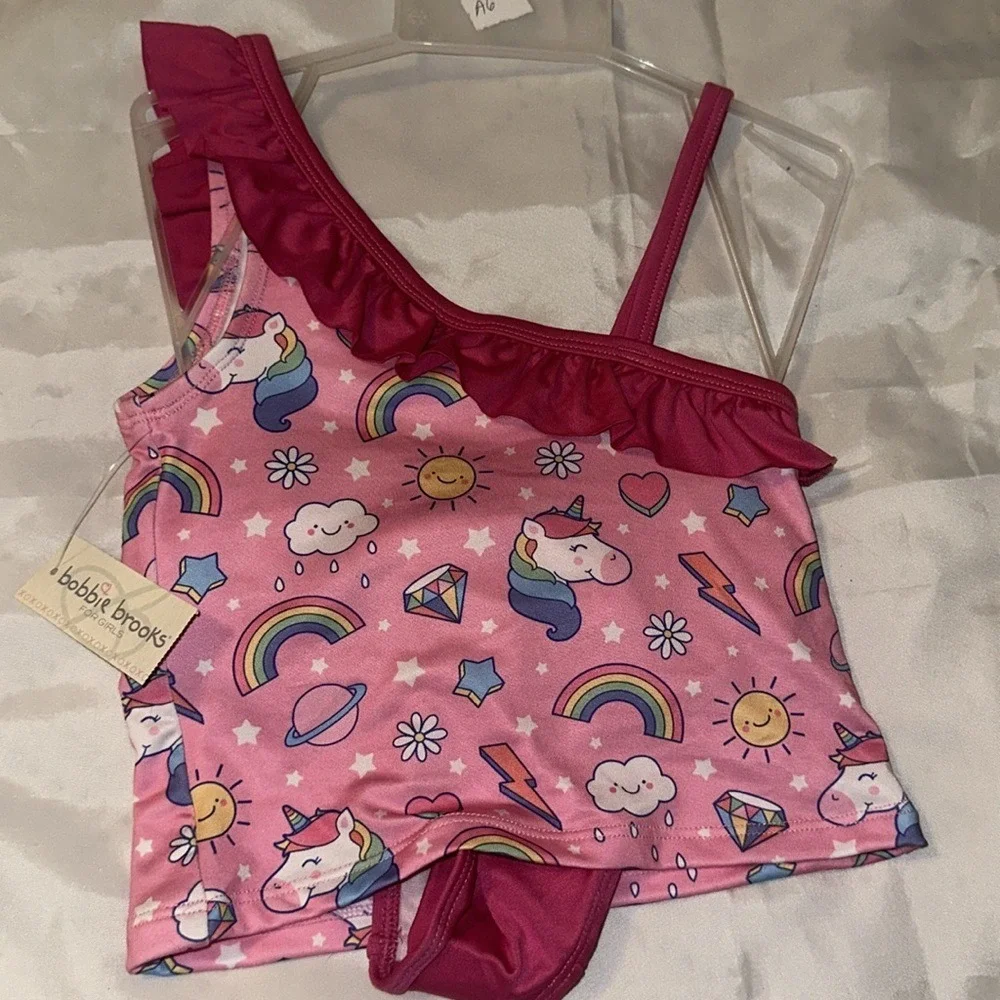 Bobbie Brooks Girls Unicorn Rainbow Ruffle One Shoulder Tankini Swimsuit XS 4/5